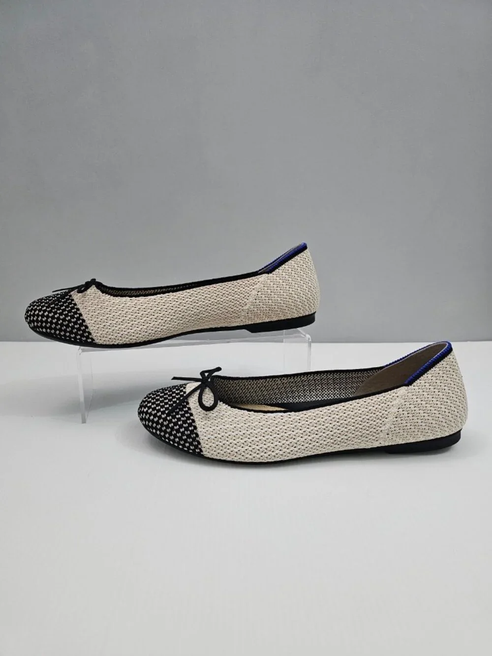 Rothy's The Ballet Flat Coco Cream Black Knit Toe Cap Bow Washable Womens 8.5